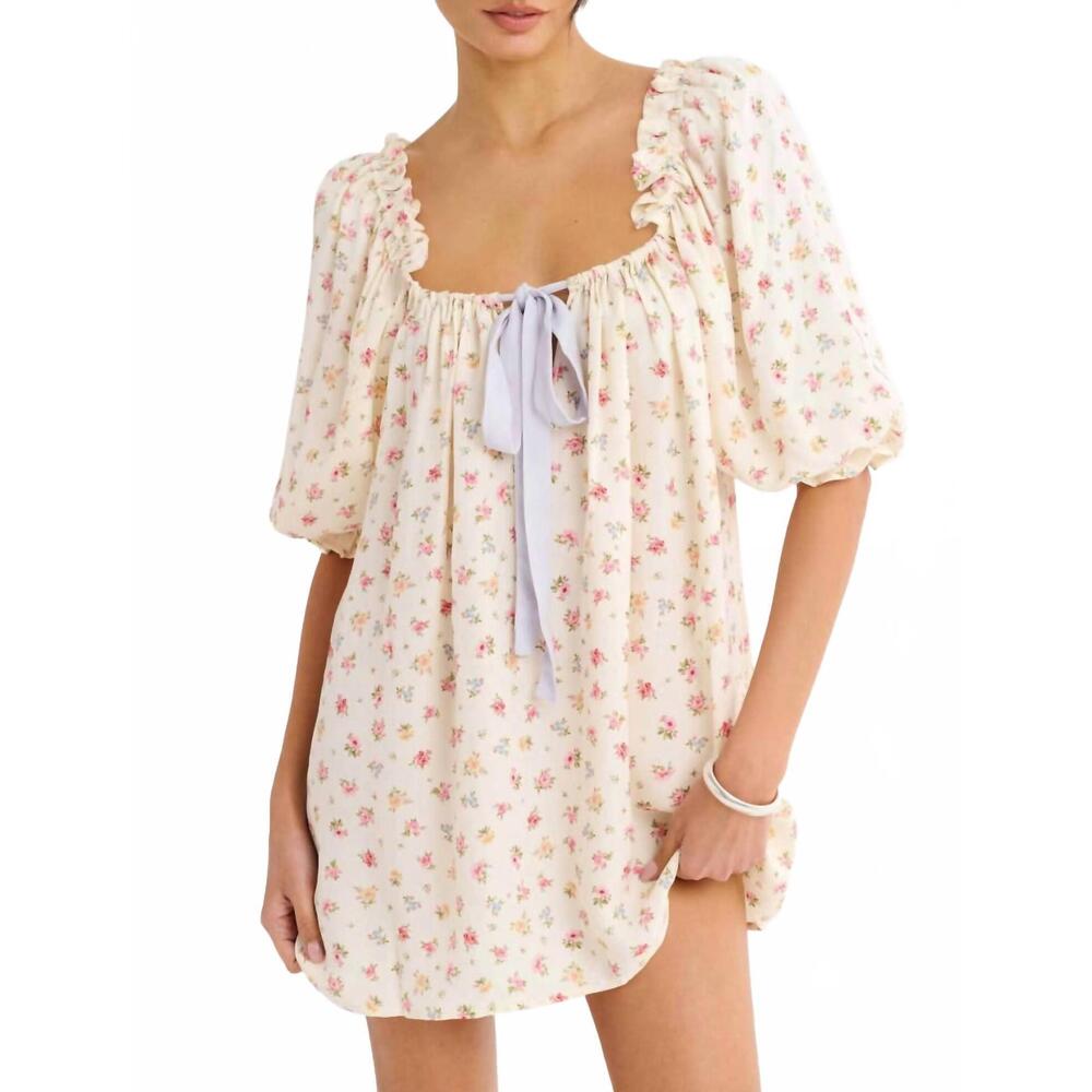 Rumored Cream Floral Mini Dress with Pink & Green Print